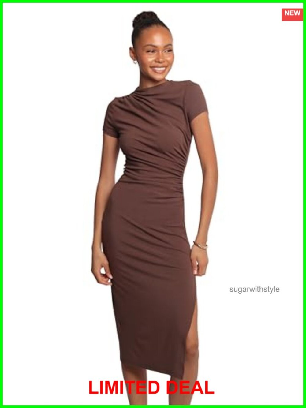 Petal & Pup Lioren Midi Dress High Neck Short Sleeve Ruched Split